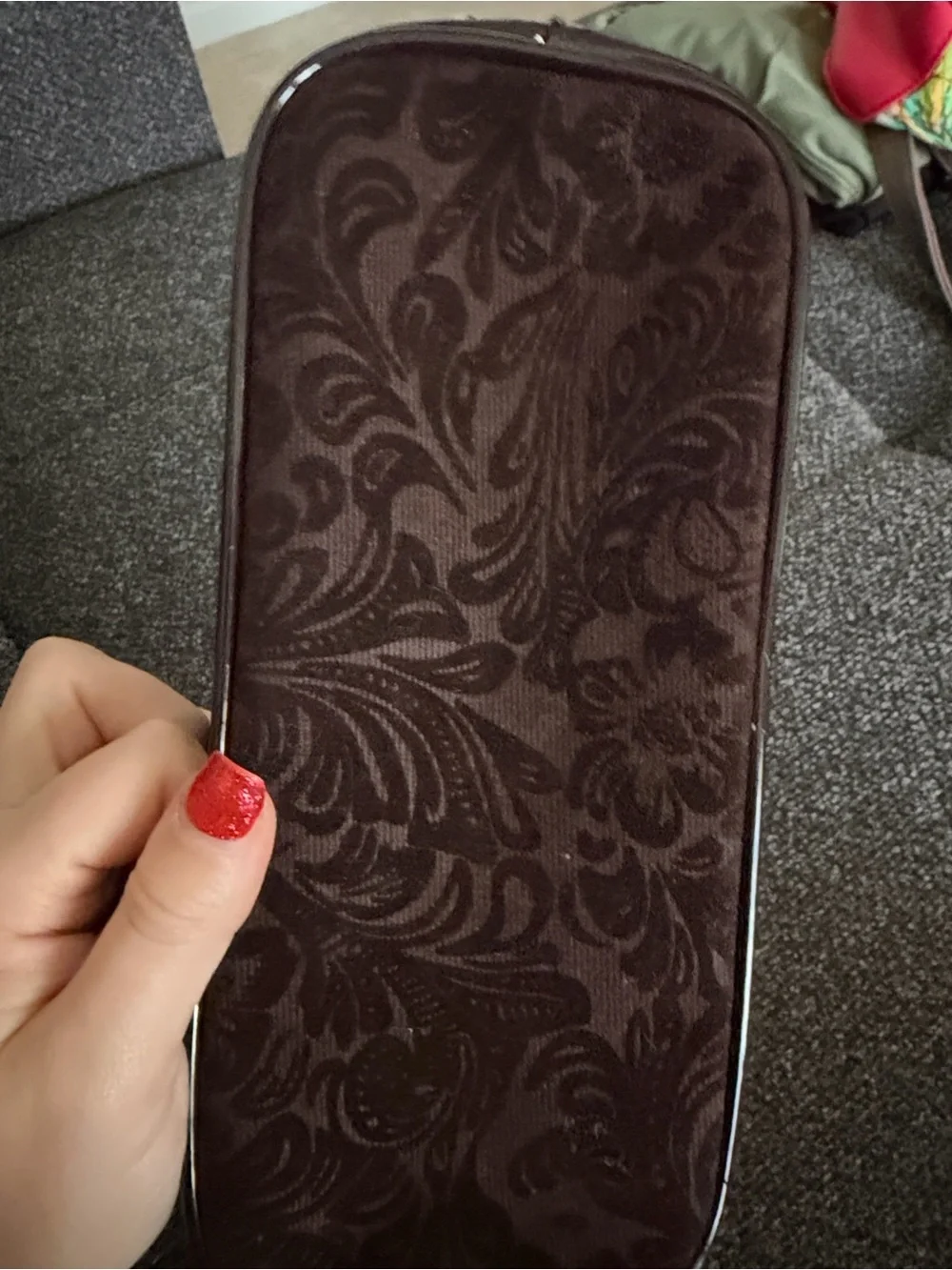 Brown Paisley Floral Suede Wristlet Clutch